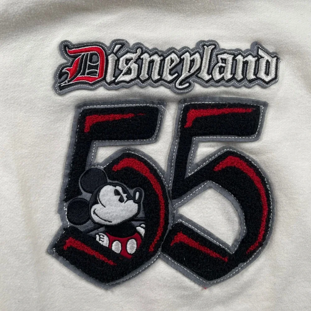 Disneyland Resort 55 Mickey Mouse Zip Up Hoodie Cream Women Large Varsity Patch